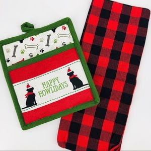 NWT Dog Lover Holiday Kitchen Oven Mitt & Kitchen Towel Set